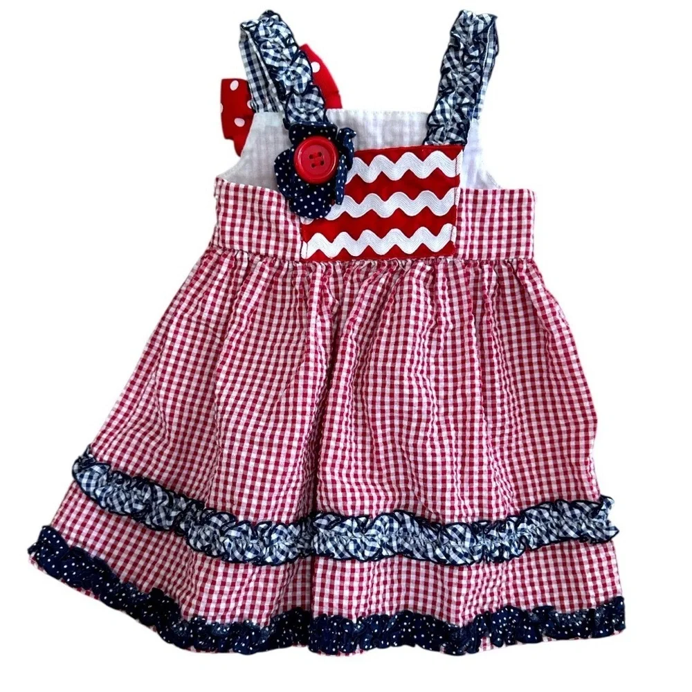 Bonnie Baby Girl’s 4th of July Gingham Dress Red White Blue Ruffle Patriotic